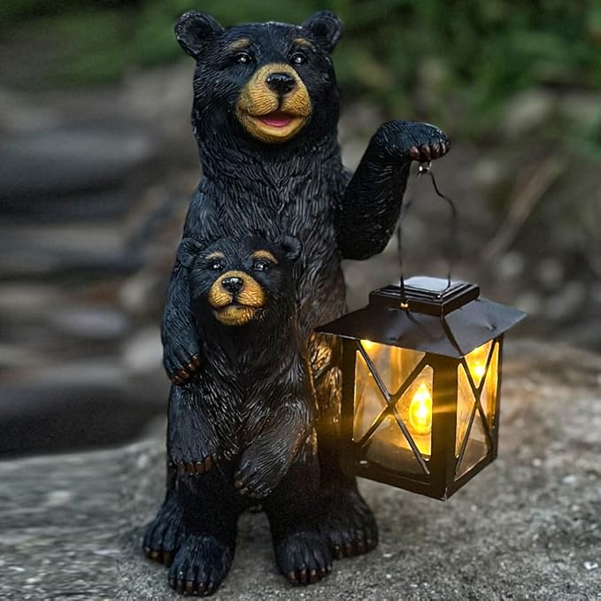 Black Bear Garden Statue with Solar Lantern, Bear Figurine Lights - Image 7