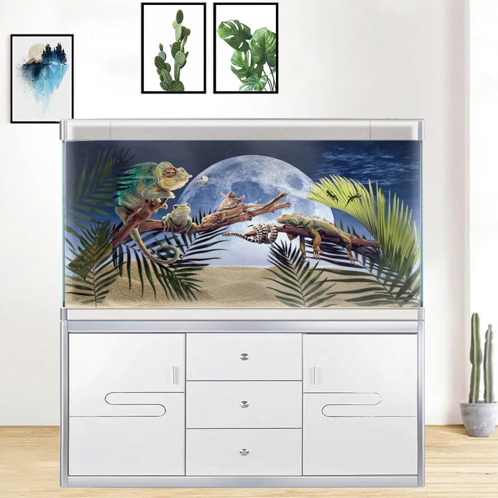 Moon Aquarium Background,Cool Sea Galaxy Parallel Space Themed Fish Tank Background, Cool Terrarium Background 24X12IN with 8 EVA Double-Sided Tape