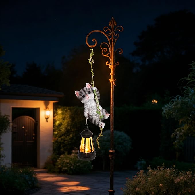 Solar Hanging Cat Statue, Outdoor Resin Black Cat Figurine - Image 9