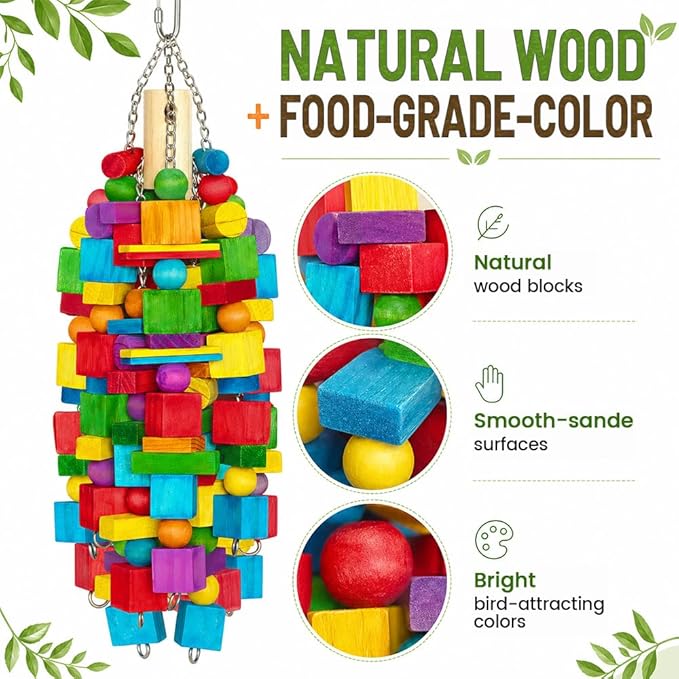Large Bird Toy, 20 in XL Parrot Toys Natural Wood Blocks Bird Chew Toy - Image 7