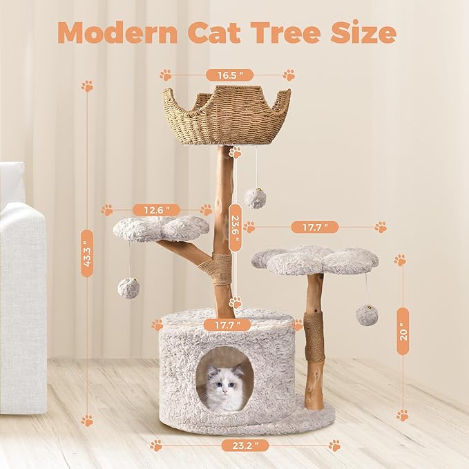Easyego Modern Cat Tree, 43.3" Aesthetic Wood Cat Tree Tower - Image 6