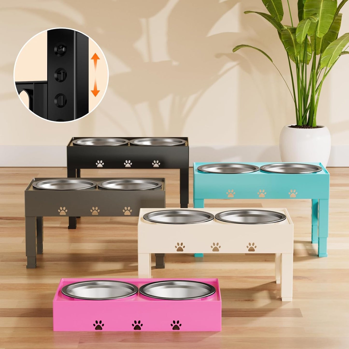 Elevated Dog Bowls with Mat, Raised Dog Food Bowl Stand with 2 Stainless Steel Bowls, 5 Height Adjustable (3.1", 9", 10", 11", 12") Non-Slip Feeder Set for Medium and Large Dogs – Apricot