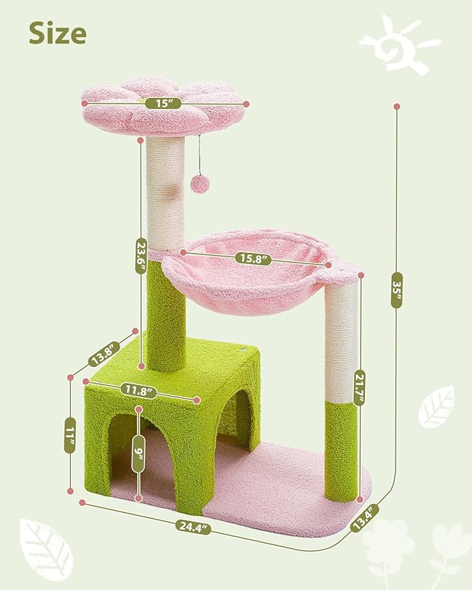 MUTTROS Flower Cat Tree with Large Metal Frame Hammock, Cat Condo with Pink Top - Image 7
