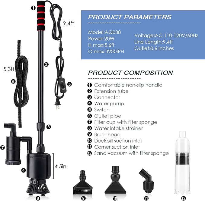 AQQA Electric Aquarium Gravel Cleaner, 6 in 1 Automatic Fish Tank Cleaning - Image 8