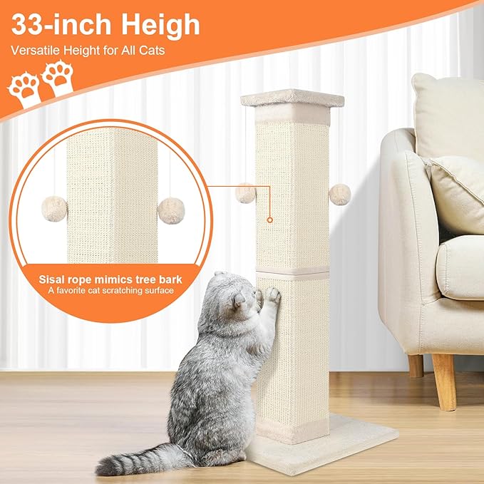 SOCATER Cat Scratching Post 33 Inch Nature Sisal Cat Scratch Post - Image 7