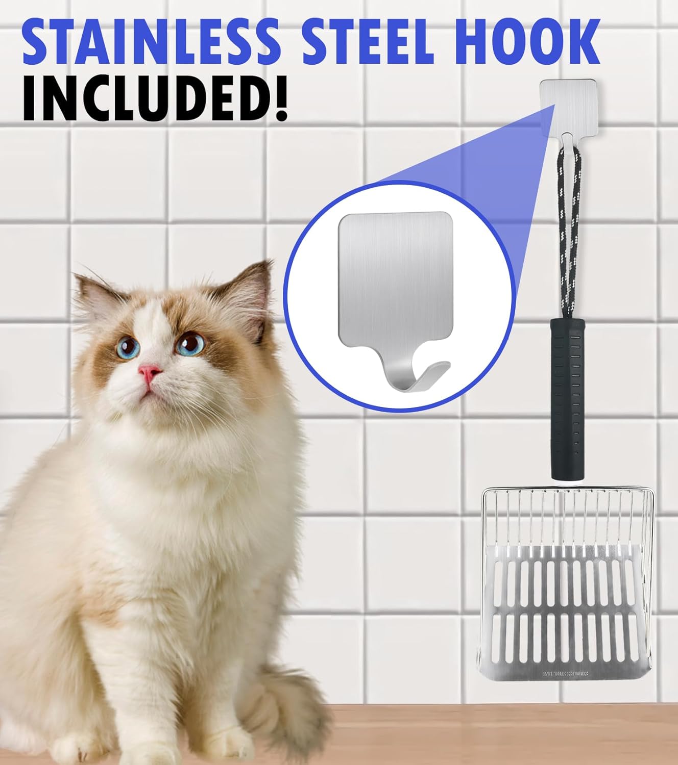 2PCS Cat Litter Scoop, Solid and Durable Kitty Metal Scooper, Stainless Steel Sifter, Heavy Duty, for Litter Box, Black Rubber Handle, Included Stainless Steel Hook