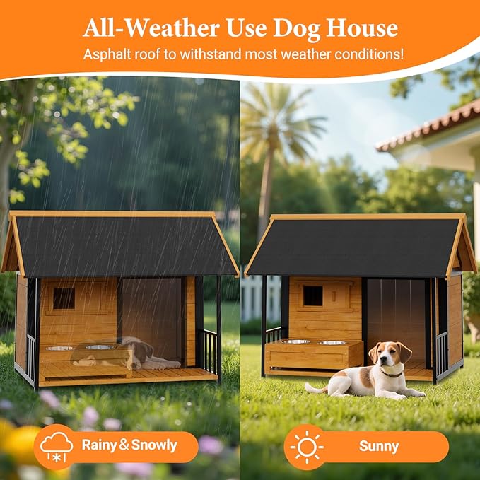 Large Dog House with Dog Bowls Stand, Outdoor Weatherproof XL Dog Kennel with - Image 7