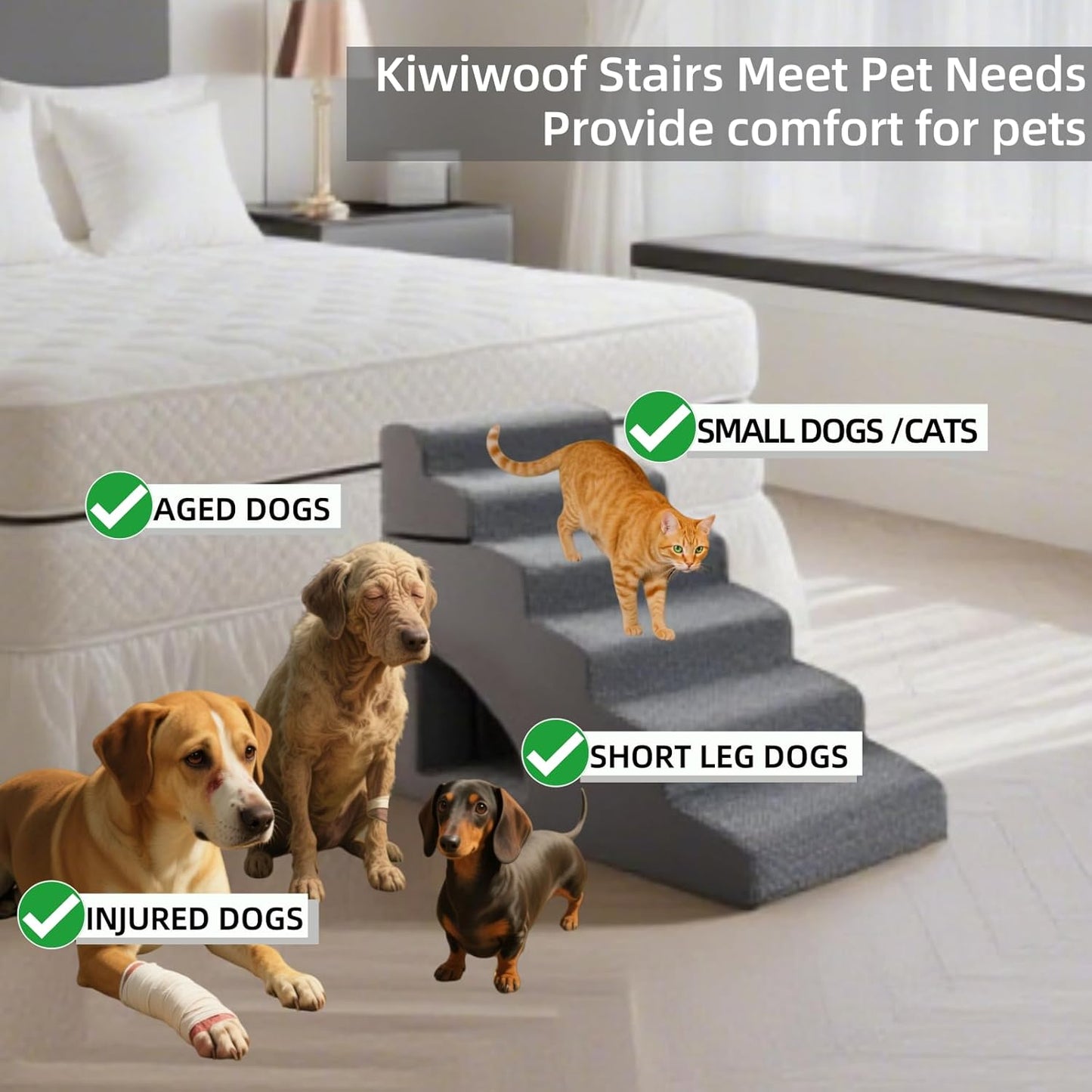 6 Step Pet Stairs Ramp for High Beds Sofas 18-36 Inch, Non-Slip Dog Stairs for Small Old Medium Large XL Dogs Cats, Sturdy 75 Pounds 33D Foam Balanced 6-Tier Ladder with Machine Washable Cover