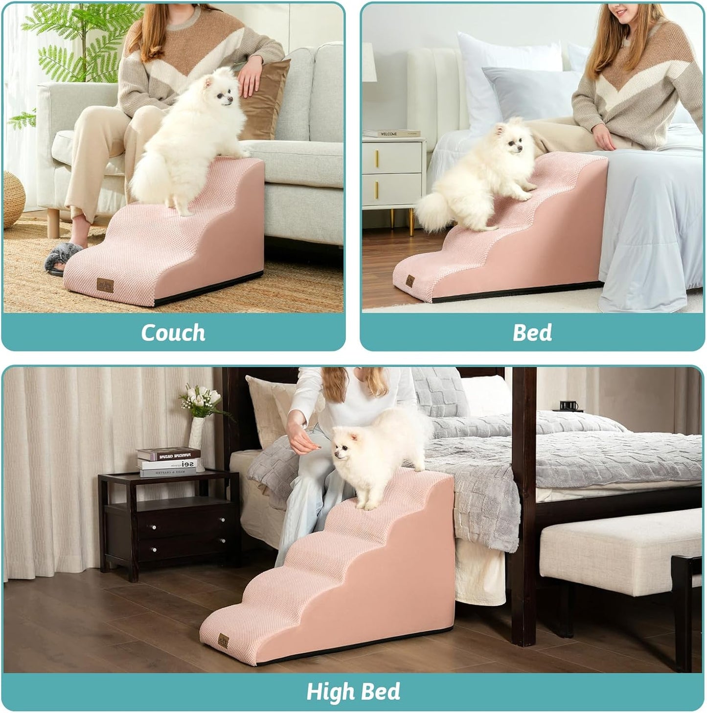 Dog Stairs for Small Dogs 15.7" H, Curved Dog Step for Puppy, Older Cat, Medium Pet Ramp for Sofa, Couch or Bed, Ladder with High Density Foam, 15.7x22.4x15.7 inch, 3 Step, Pink