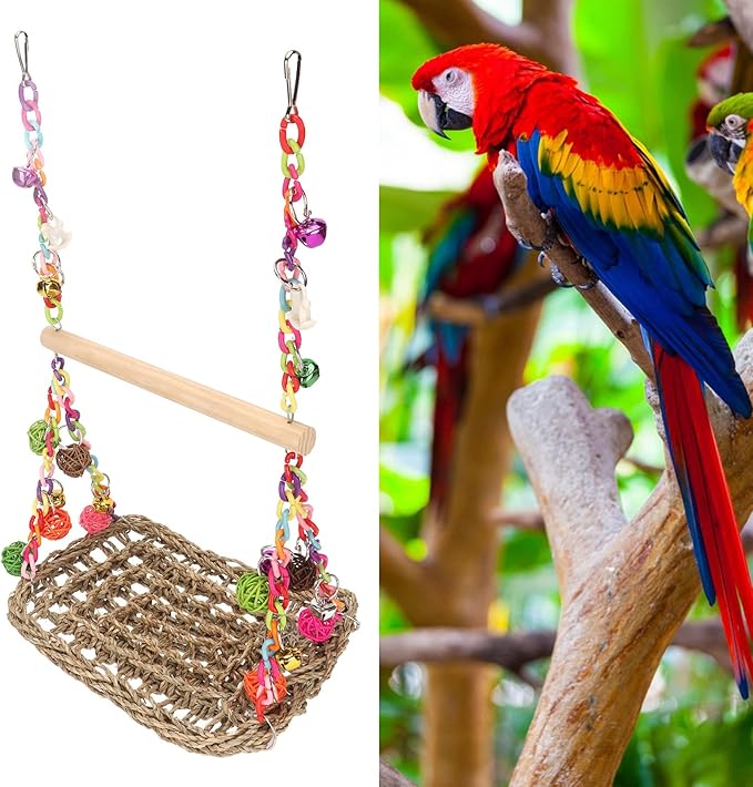Bird Seagrass Swing Toys, Natural Rattan Climbing Hammock - Image 9