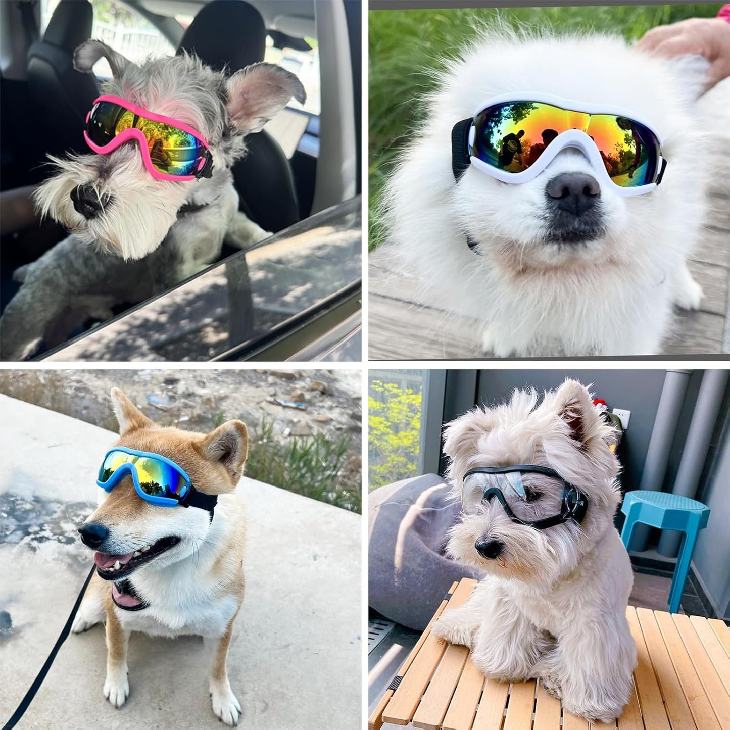 Dog Goggles Small Breed Dog Sunglasses with Adjustable for UV Protection Eyewear Doggy Doggie Puppy Glasses Anti-Fog Wind Dust Snowproof (White Frame Red Lens)