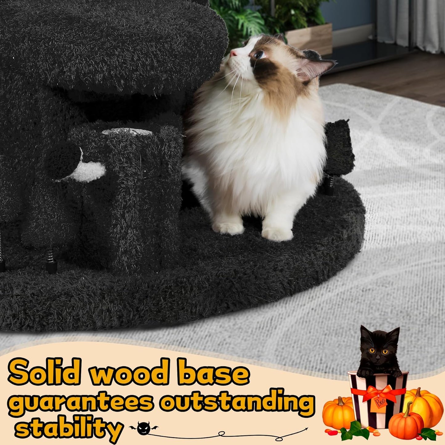 Super Large Cat Tree for Indoor Cats, All-in-One Tall Cats Tower with Scratching Post, Luxury Multi-Level Solid Wood Cat Condo for Multi-Cat Families (Black)