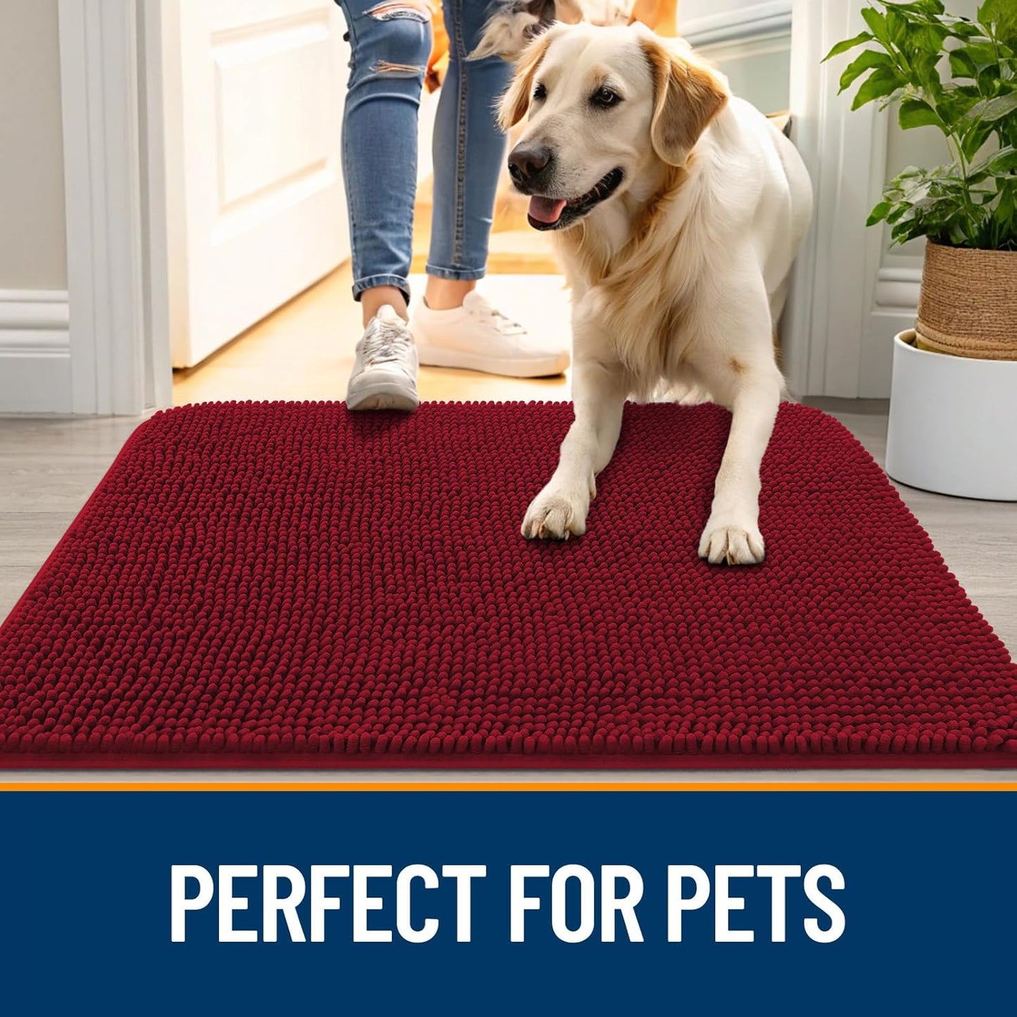 OLANLY Dog Door Mat for Muddy Paws 48x30, Absorbs Moisture and Dirt, Absorbent Non-Slip Washable Doormat, Quick Dry Chenille Mud Mat for Dogs, Entry Indoor Entryway Carpet for Inside Floor, Red
