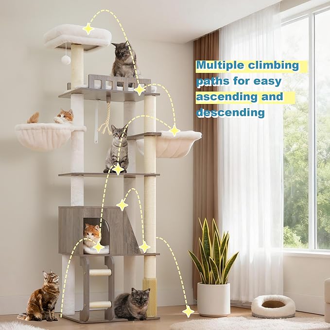Hey-brother Wooden Cat Tree, 69.7 inch Cats Furniture Tower - Image 9