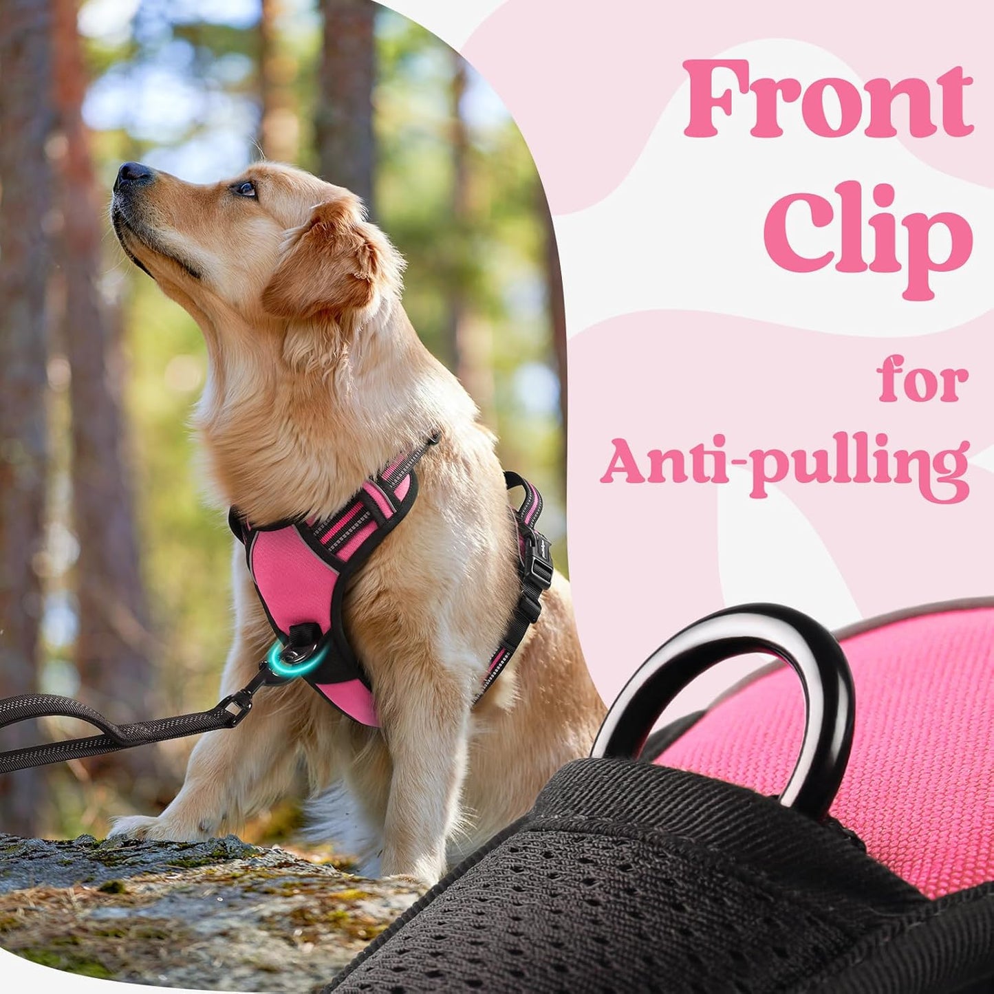 rabbitgoo Dog Harness for Large, No Pull Pet Harness with 3 Buckles, Adjustable Soft Padded Vest with Control Handle, Walking Reflective Pet Vest for Large Dogs, Rose Pink, L