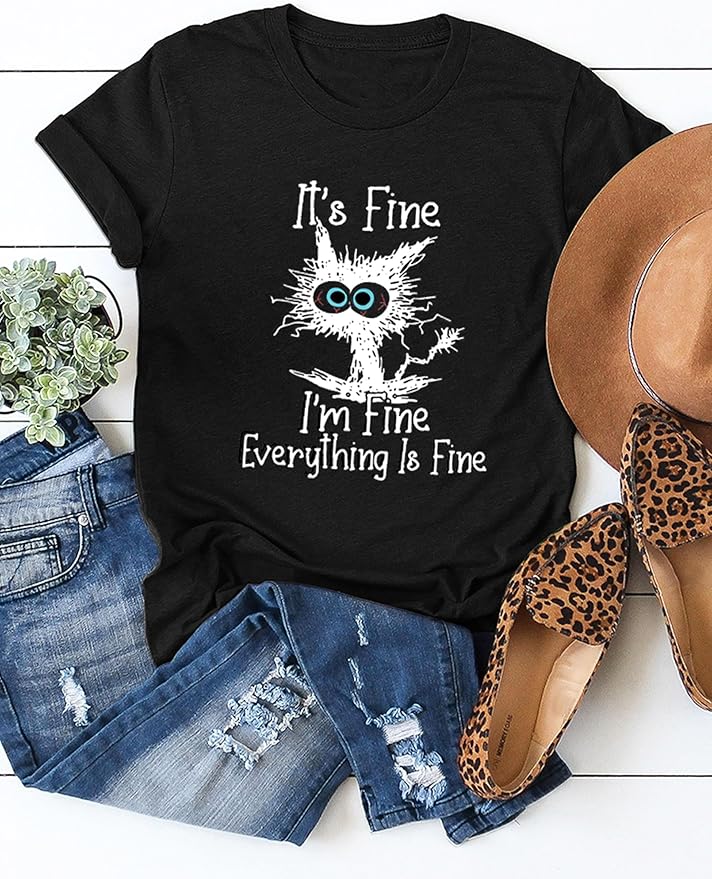 Funny Cat T Shirts for Women Everything is Fine Graphic Tees Casual Short - Image 4