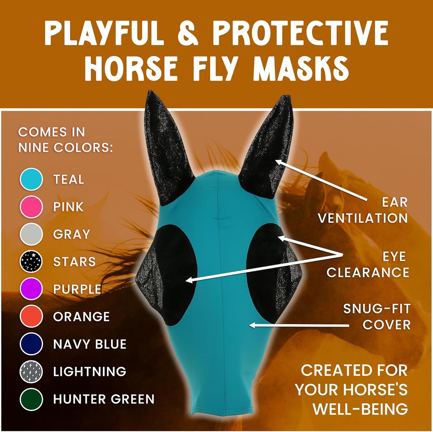 Horse Fly Mask - Durable Equine Fly Mask with Full Coverage for Eye & Ear - Stretchable, UV & Sun Protection Flymask for Horses, Ponies & Mini Horses - Horse Face Cover for Pasture & Trail - Stars