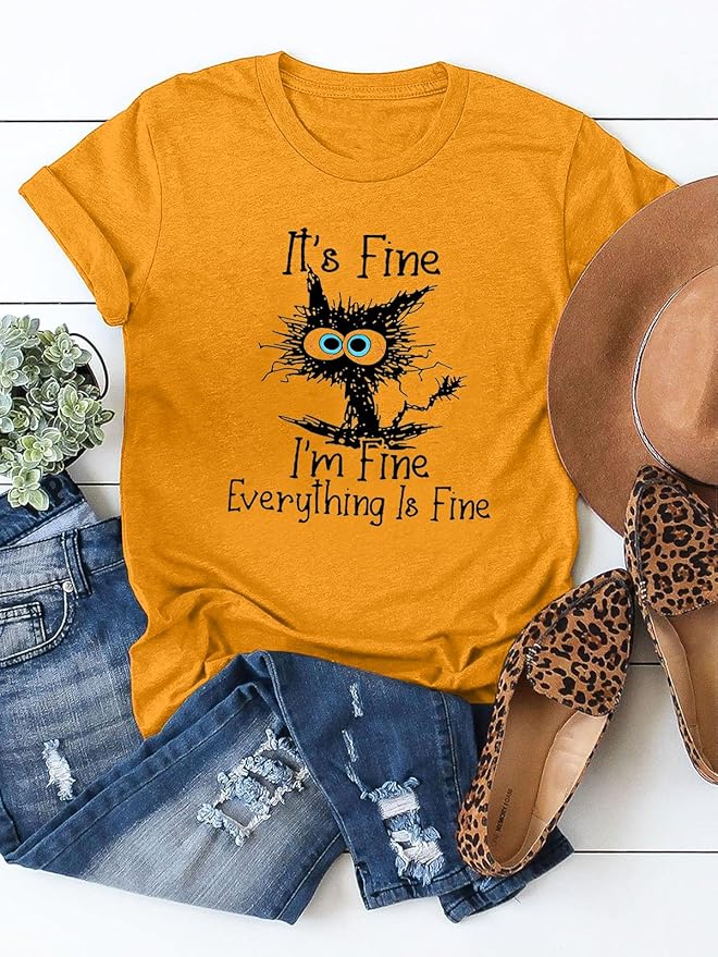Funny Cat T Shirts for Women Everything is Fine Graphic Tees Casual Short - Image 4