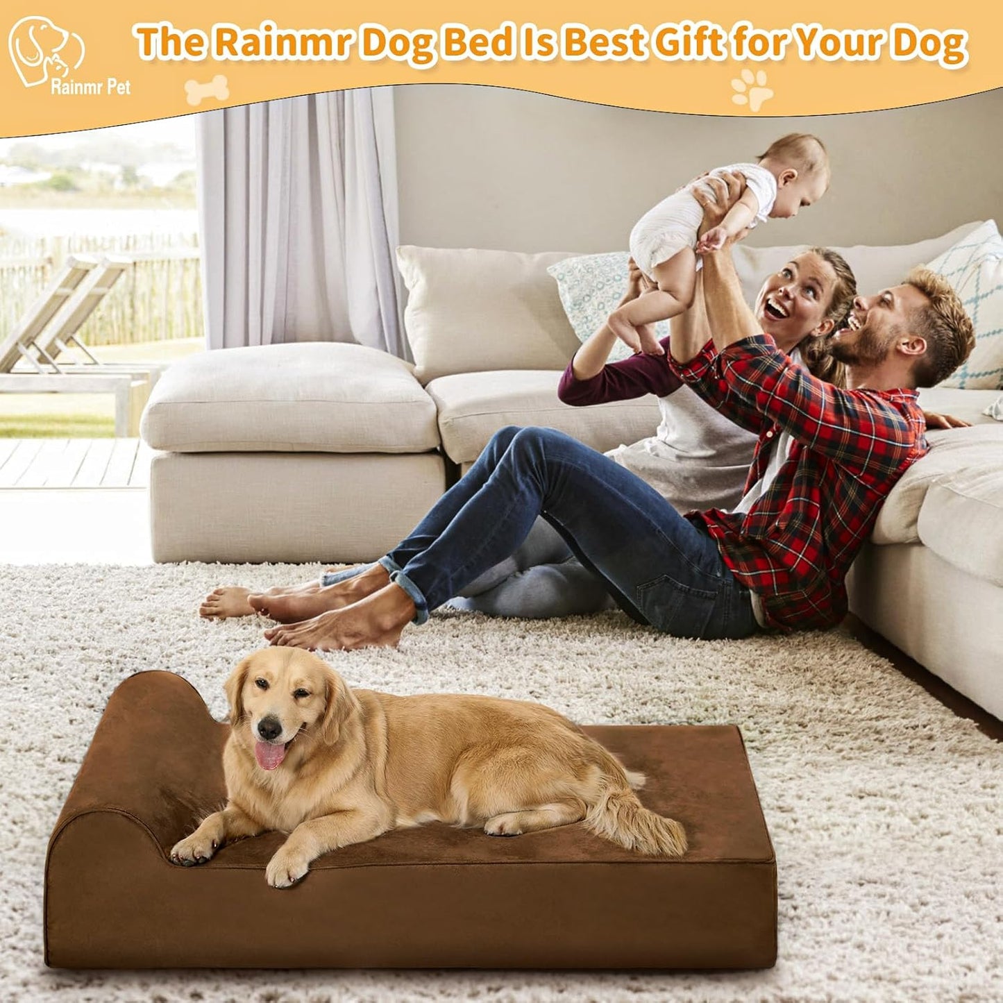 Large Orthopedic Dog Bed, 7" Memory Foam with Waterproof Liner, Chew Resistant Microsuede Cover, Removable and Washable, for Indoor, Outdoor, and Car Use, Nonskid Base, 60"x48" XXL Brown