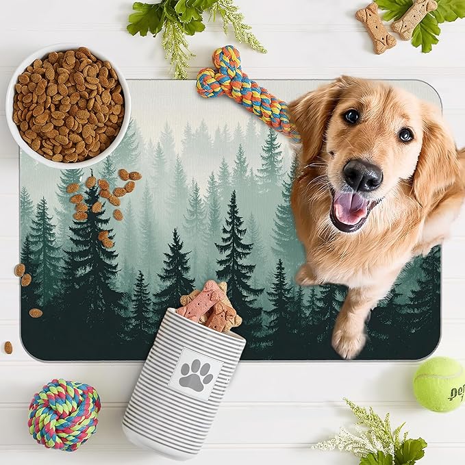 Misty Forest Pet Feeding Mat, Absorbent Quick-Dry Cat Dog Food and Water Bowl - Image 7