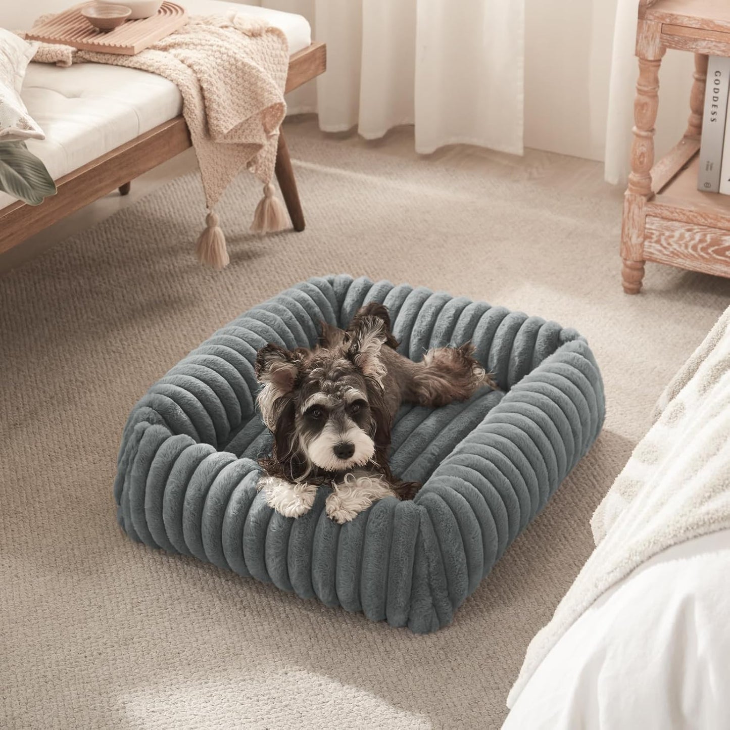 Dog Beds Large Sized Dog, Washable Orthopedic Pet Bed with Removable Cover, Rectangle Soft Calming Sleeping Puppy Bed Durable Pet Cuddler with Anti-Slip Bottom, 36"x27"x8" Grey