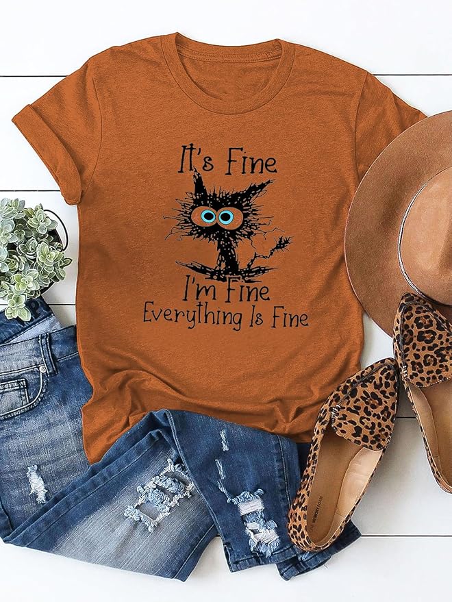 Funny Cat T Shirts for Women Everything is Fine Graphic Tees Casual Short - Image 4
