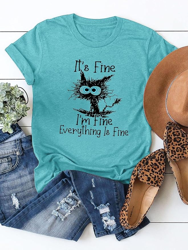 Funny Cat T Shirts for Women Everything is Fine Graphic Tees Casual Short - Image 4
