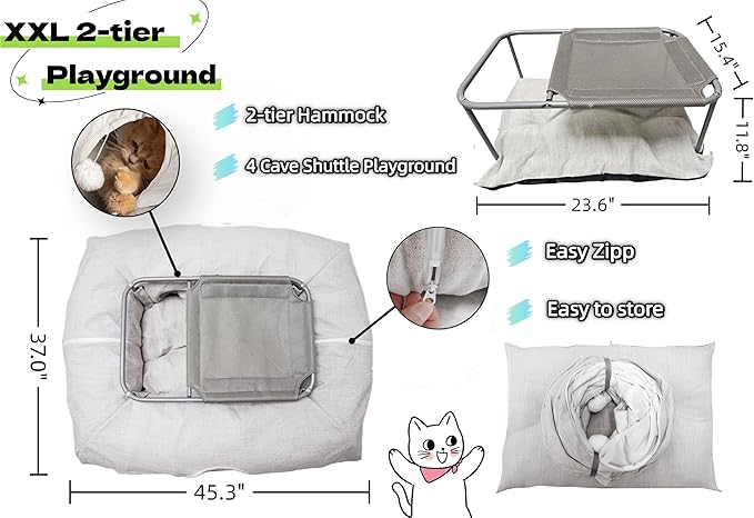 XxingSheep 2-Tier Hammock XXL Cat Tunnel Bed, 4 Cave Premium Hemp Fabric - Image 6