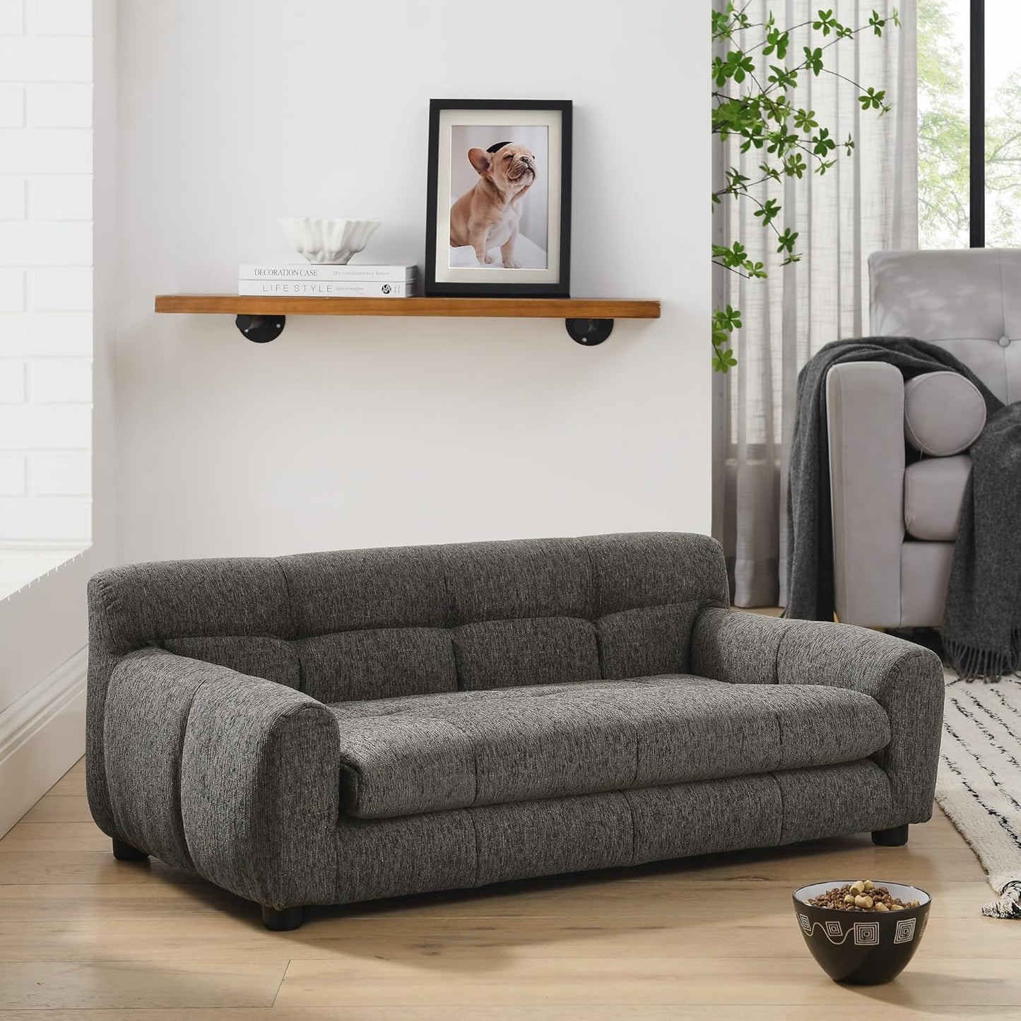 Dog Couch Bed, Mini Sofa for Dogs with Backrest and Armrest, Durable Pet Sofa with Soft Foam Cushion, Elevated Dog Couch Bed with Legs for Medium and Large Dogs, Stone Grey