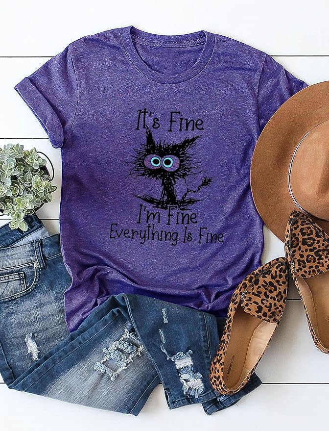 Funny Cat T Shirts for Women Everything is Fine Graphic Tees Casual Short - Image 4