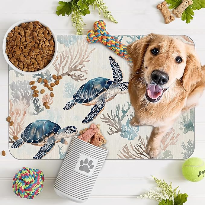 Turtle Dog Cat Food Mat, Coral Absorbent Pet Feeding Mat - Image 7