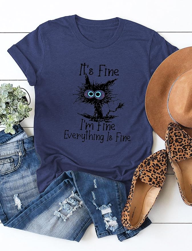 Funny Cat T Shirts for Women Everything is Fine Graphic Tees Casual Short - Image 4
