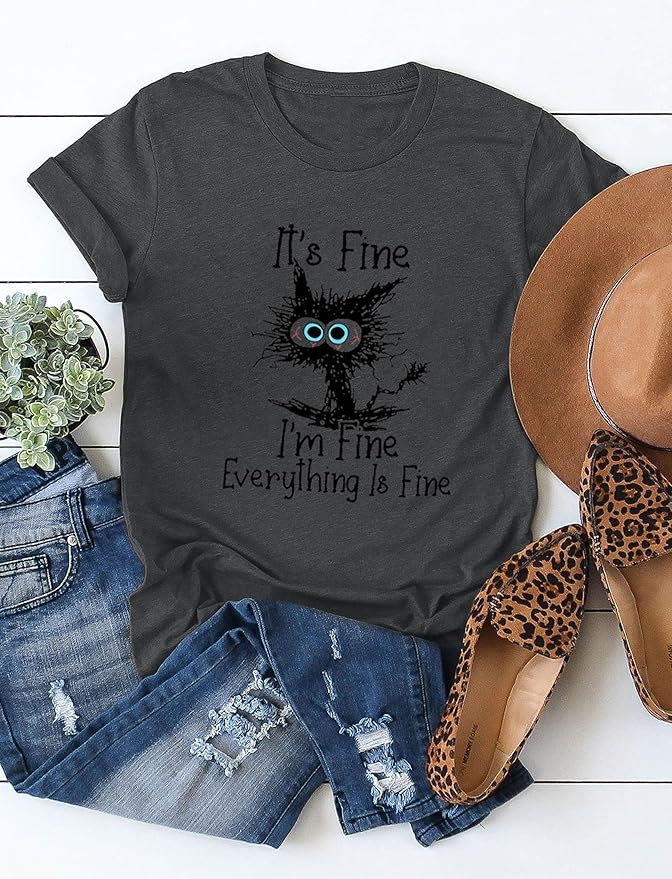 Funny Cat T Shirts for Women Everything is Fine Graphic Tees Casual Short - Image 4