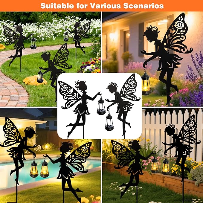 Solar Fairy Garden Lights Outdoor, 2 Pack Hanging Lantern Fairy Stakes - Image 8