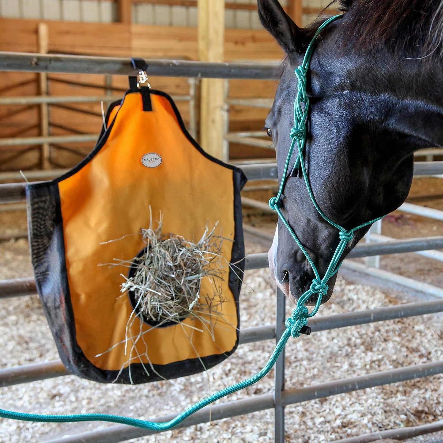 Majestic Ally 1200 D Hay Feeder Tote Bag for Horses, Sheep with Reflective Trim- Reduces Waste - Comes with 36” Hay Net. (Royal Blue)