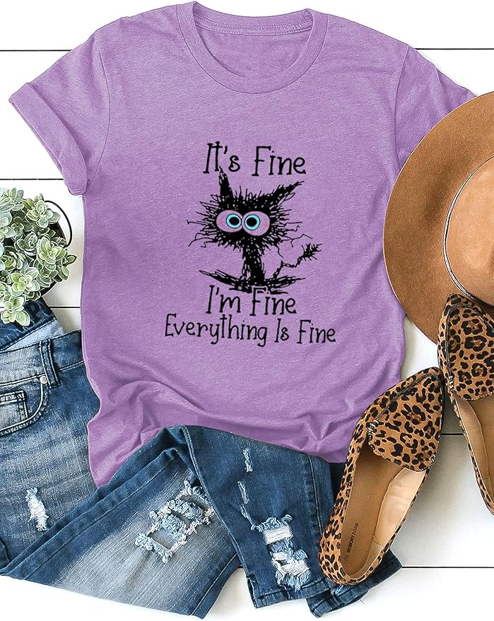 Funny Cat T Shirts for Women Everything is Fine Graphic Tees Casual Short - Image 4