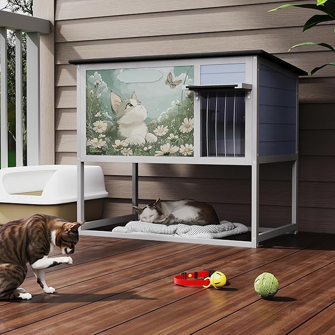 Outdoor Raised Wooden Cat House, Weatherproof Feral Cat Enclosure - Image 8