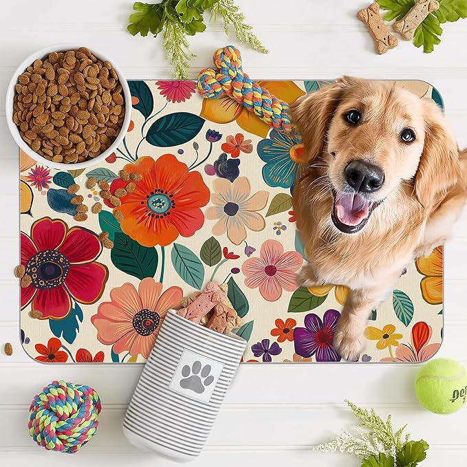 Floral White Dog Food Mat for Floors, Boho Absorbent Quick-Dry Pet Feeding Mat - Image 7