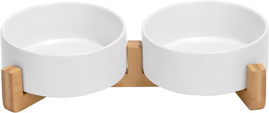 SPUNKYJUNKY Ceramic Dog and Cat Bowl with Wood Stand Non-Slip Matte Glaze Weighted Food Water Set for Cats &Small Dogs 13.5 OZ
