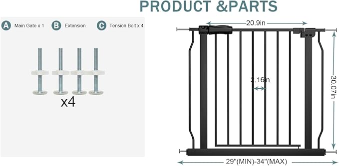Baby Gate for Stairs 29.13"-33.86" Wide Dog Gates for Doorways Pressure Mounted - Image 2