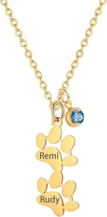 Birthstone necklace for women, Dainty gold necklace, Custom Engraved Paw Name by MeiceM