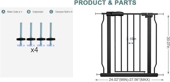 Narrow Baby Gate 24 Inch Small Black Tension Indoor Safety Gates Auto Close - Image 2