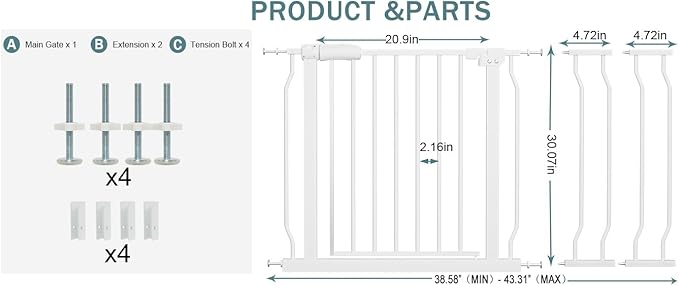 38-43 Inch Wide Baby Gate for Stairs Indoor Safety Gate for Toddlers Kids - Image 2