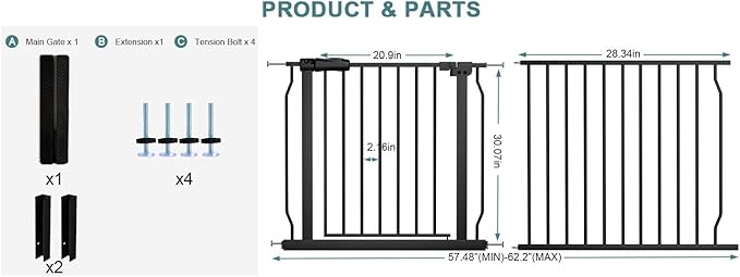 Extra Wide Baby Gate Extra Tall Tension Indoor Safety Gates Black Metal Large - Image 2