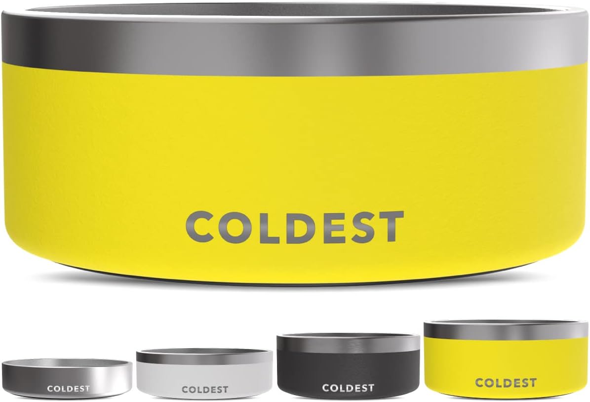 Coldest Dog Bowl - Anti Rust Metal, Non Slip, 3 Layers Insulated Stainless Steel Dog Bowls - Spill Proof & Heavy Duty - Water Bowl for Dogs, Cats & Pets, Dish Washer Safe (100 oz, Solar Yellow)