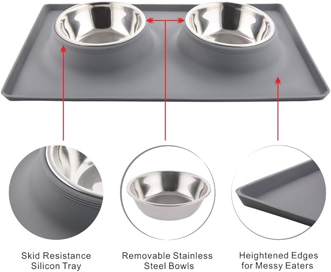 Dog Bowls with Mat and Pet Hair Removal Tool, Carpet Rake - Image 4