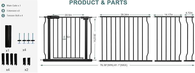 Extra Wide Baby Gate Tension Indoor Safety Gates Black Metal Large Pressure - Image 2