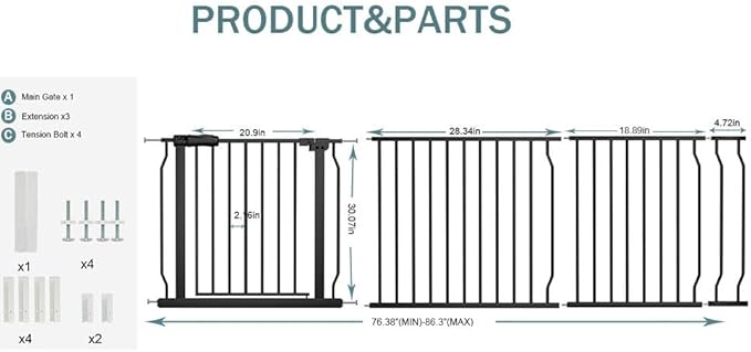 Extra Wide Baby Dog Gates for Doorways Tension Indoor Safety Gates Black Metal - Image 2