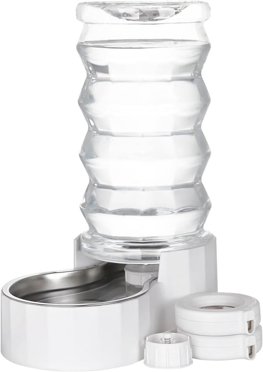 RIZZARI Large Gravity Water Dispenser: 8L Automatic Upgraded Water Feeder with Stainless Steel Bowl - Two Caps and Filters for Pets Indoor/Outdoor Use by Owners