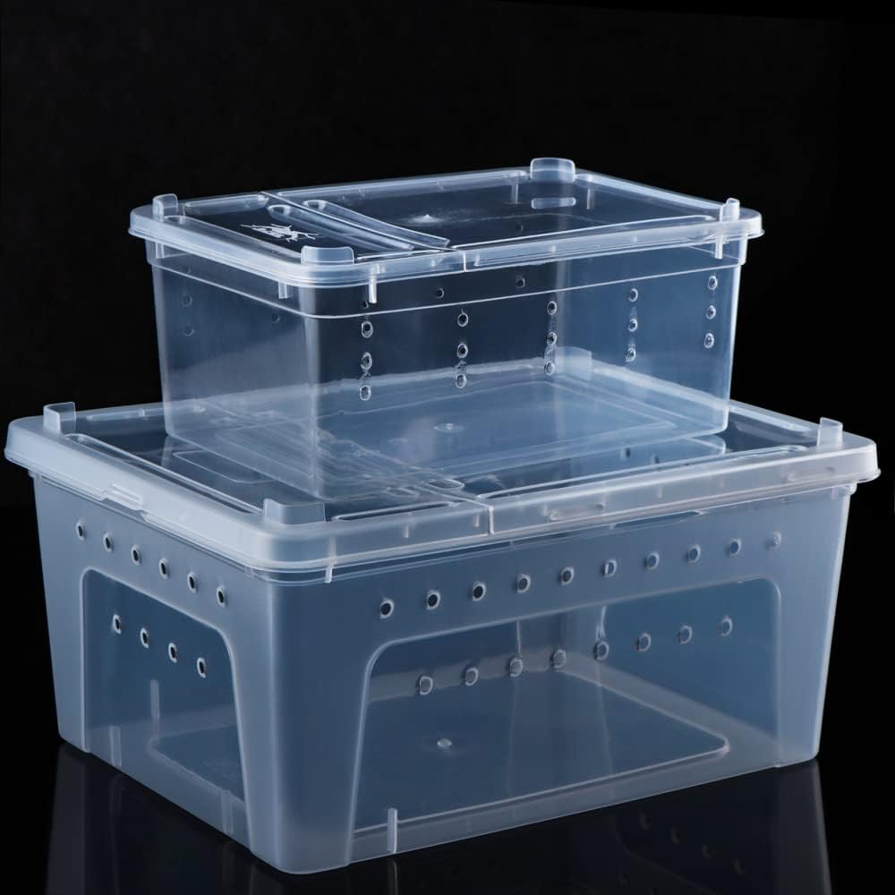 2 Pack Reptile Box Escape-Proof Breeding House Portable Reptile Terrarium Habitat for Reptile Crickets Snails Hermit Crabs Baby Tortoise Snakes Tarantulas Geckos Frogs Lizards (S and L)